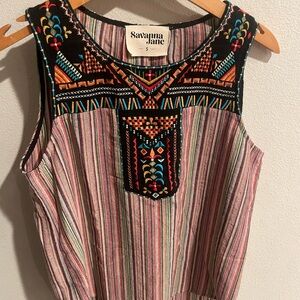 Savanna Jane Striped Embroidered Sleeveless Top Size Small
